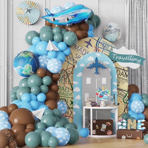 Kit de guirnalda de globos con tema de aventura de viaje de 102 piezas, arco de globos alrededor del mundo, decoración de globos de fiesta de despedida, decoraciones de fiesta de buen viaje