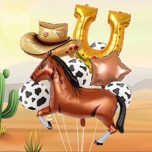 Palloncini per feste western / Set di palloncini da cowboy da 9 pezzi / Palloncini con stampa a forma di cavallo, ferro di cavallo, cappello, stella e mucca / Decorazioni per compleanno rodeo