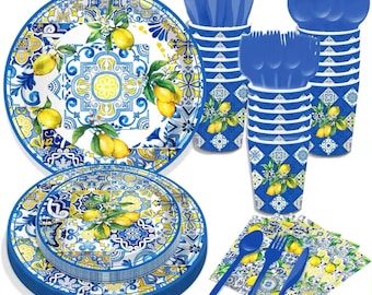 May include: A set of disposable tableware with a lemon and tile design. The set includes plates, cups, cutlery, and napkins. The plates and cups have a blue and white pattern with yellow lemons. The cutlery is solid blue.