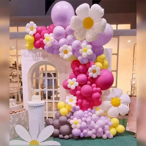 117pcs Pink and Purple Daisy Balloon Garland Kit, Pink Pastel Balloon Arch, Spring Baby Shower Balloons, Daisy Party Decor, Flower Garland