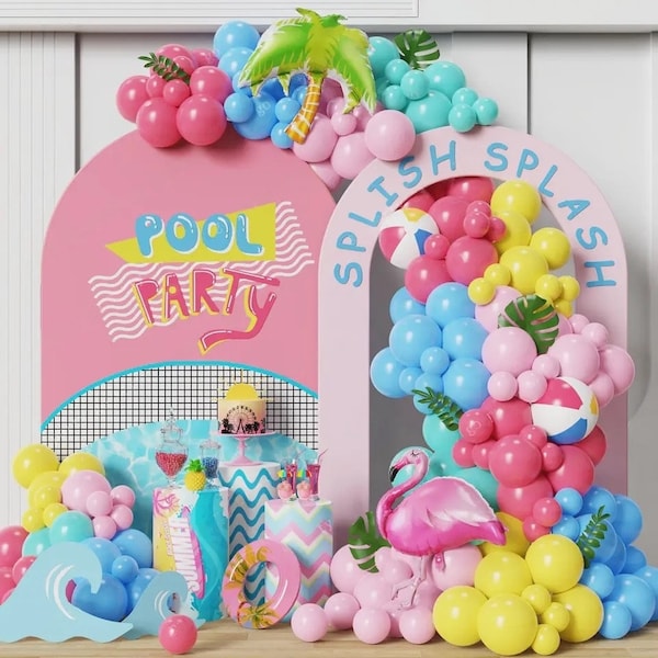 Kit de guirlande de ballons de fête de piscine d'été 110 pièces, arche de ballons tropicale hawaïenne, décor de fête d'anniversaire pour enfants, guirlande de ballons de fête hawaïenne