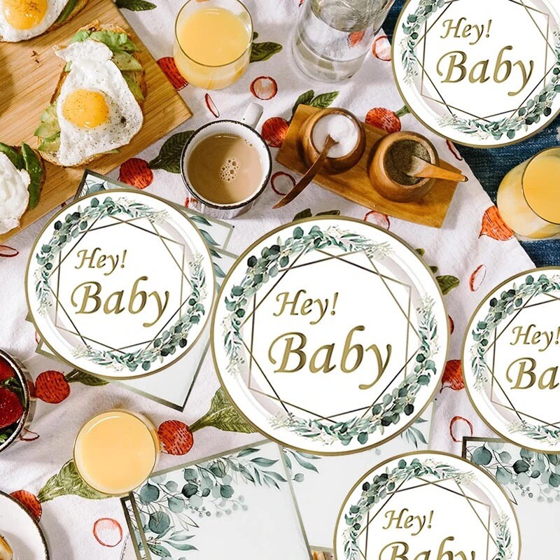 Set di stoviglie decorative per feste per 20 ospiti, 100 pezzi per baby shower eucalipto, piatti di carta neutri, set di tovaglioli, cannucce, decorazione per feste per bambini e ragazze