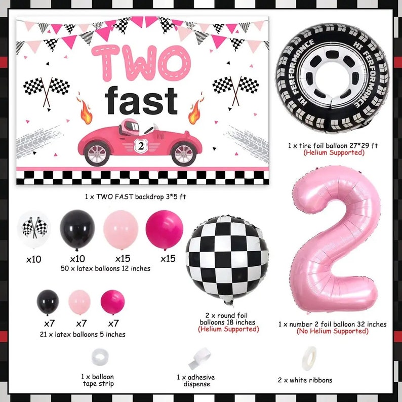 Two Fast Balloon Stack Pink Two Fast Balloon Garland Kit, Race Car 2nd Birthday Party Decor - Etsy