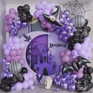 Purple Halloween Balloon Garland Kit: Witch, Bat, & Striped Balloons (141pcs)