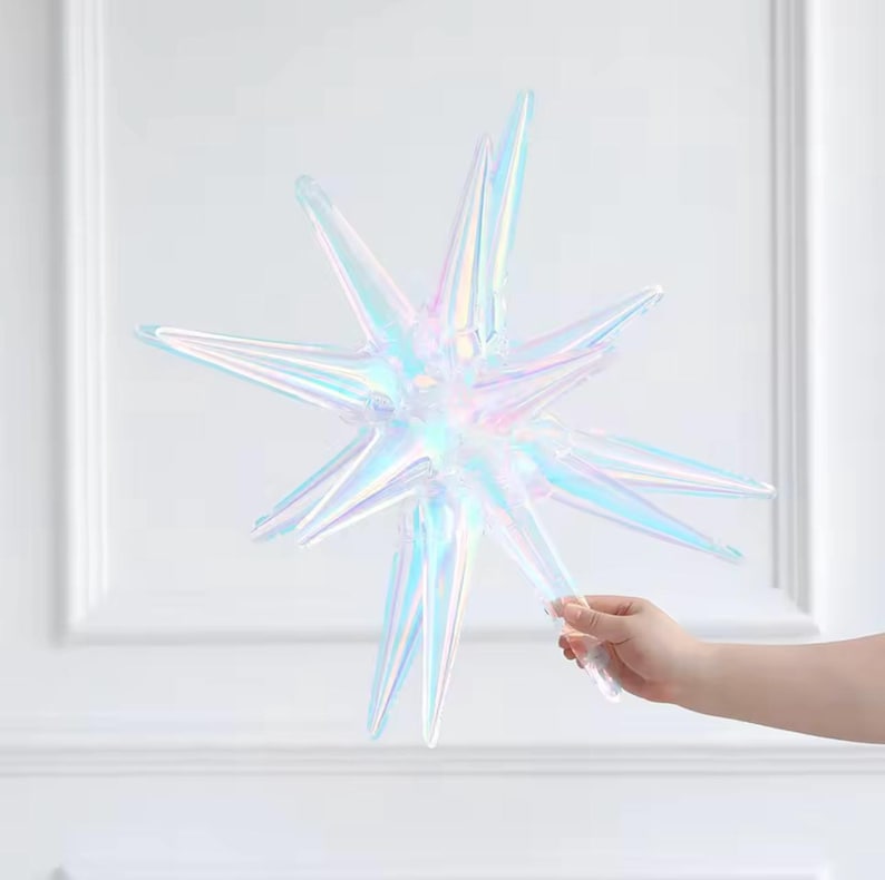 May include: An iridescent star-shaped decoration with multiple points. The star has a holographic, shimmering effect, reflecting various colours. The decoration is held by a person's hand, suggesting it is lightweight and possibly a balloon or ornament.