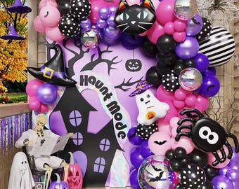 Halloween ballonslingerset, roze, paars, zwart, kat, heks, spook, spin, feestdecoratie