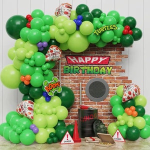 May include: Green, red, and purple balloons with a "Happy Birthday" banner and a Teenage Mutant Ninja Turtles theme. The balloons are arranged in a garland shape and there are pizza-themed decorations.