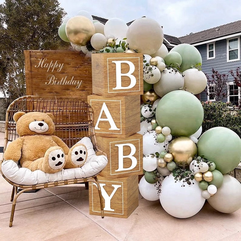 Wooden Baby Shower Box Blocks, Bear Theme Baby Shower Decorations, Pop