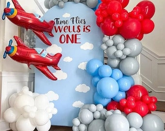 132pcs Time Flies Theme Balloon Garland, First Birthday Decorations, Aeroplane Party Supplies, Plane Themed Party Decor, Plane Foil Balloon
