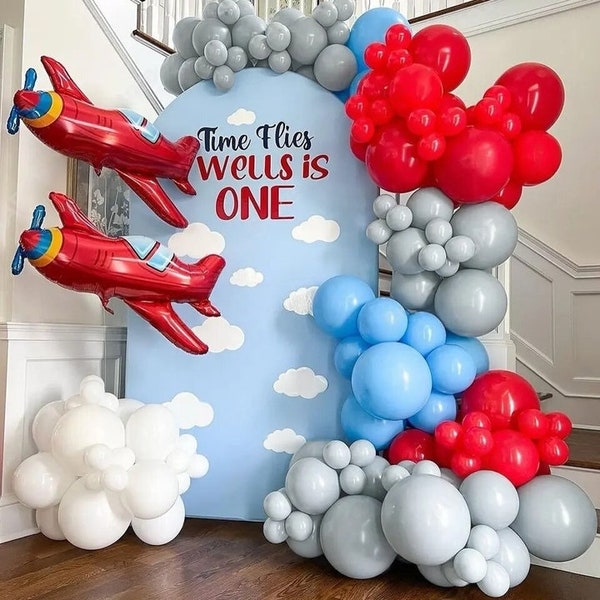 132pcs Time Flies Theme Balloon Garland, First Birthday Decorations, Aeroplane Party Supplies, Plane Themed Party Decor, Plane Foil Balloon