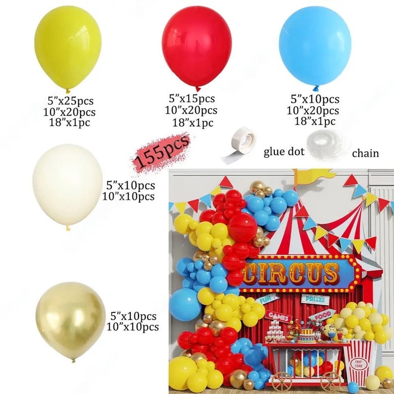 May include: A set of 155 colorful latex balloons in red, yellow, blue, and white. The balloons are arranged in a garland with a circus theme. The garland includes a banner that says "CIRCUS" and a small tent with red and white stripes. The balloons are available in three sizes: 5 inches, 10 inches, and 18 inches.