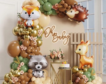 119pcs Woodland Baby Shower Balloon Garland Kit, Sage Green & Brown Balloon Arch Kit, Woodland Animal Foil Balloon, Woodland First Birthday