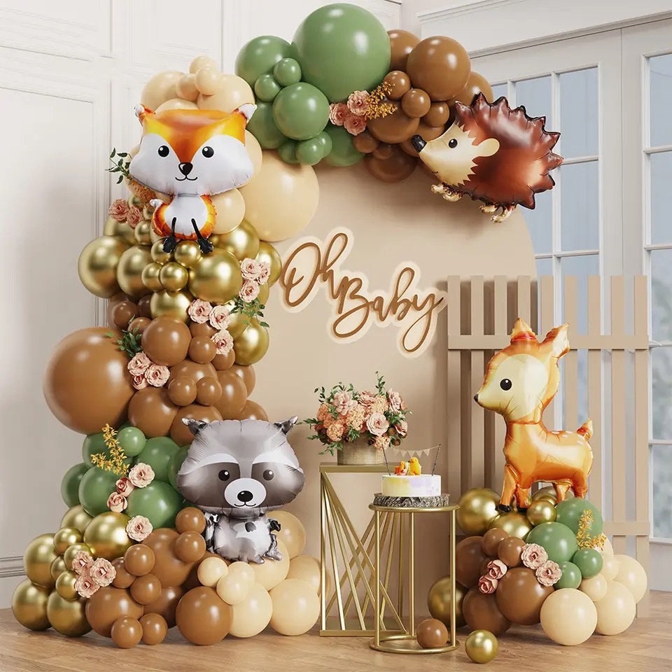 119pcs Woodland Baby Shower Balloon Garland Kit, Sage Green & Brown Balloon Arch Kit, Woodland Animal Foil Balloon, Woodland First Birthday