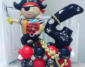 34pcs Pirate Ship Balloon set, Pirate Balloon Sculpture, Pirate Age Balloon Birthday, Pirate Party Decor, Large Black Number Balloon