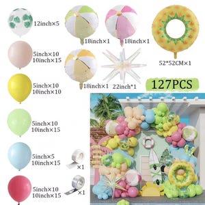 May include: A selection of party balloons and decorations. Includes beach ball and pineapple-shaped foil balloons, various sizes of round balloons in pink, yellow, green, and blue, and a balloon arch. The text "127PCS" is visible.