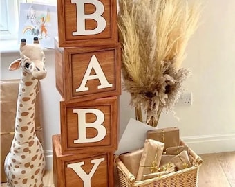 Wooden Baby Shower Box Blocks, Bear Theme Baby Shower Decorations, Pop Up Baby Blocks, Wood Grain Baby Shower Boxes, Giant Wooden Baby Block