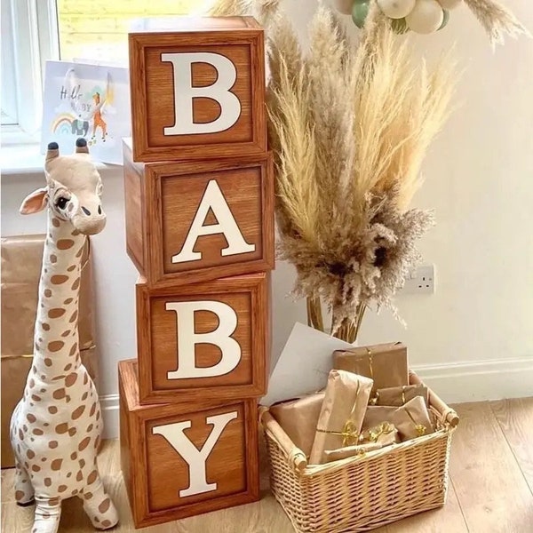 Wooden Baby Shower Box Blocks, Bear Theme Baby Shower Decorations, Pop Up Baby Blocks, Wood Grain Baby Shower Boxes, Giant Wooden Baby Block