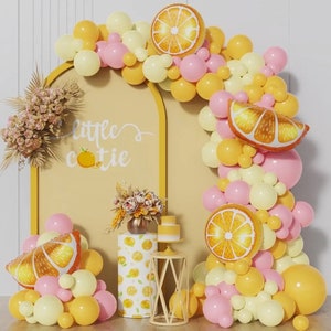 103pcs Orange and Lemon Theme Balloon Garland, Twotti Frutti Balloon Arch Kit, Citrus Fruit Birthday Decorations, Pastel Lemon Pink Party