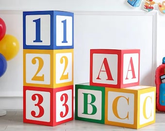 Bloques ABC, 123 cajas de números, decoraciones para fiesta de baby shower (3 piezas)