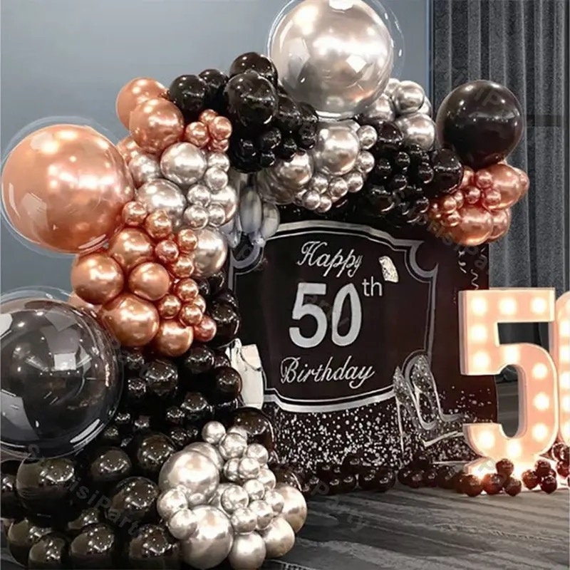Gold Silver and Black Birthday Decorations Background&Balloons Arch Garland  Kit,Crown ,HAPPY BIRTHDAY Banner,Gold Curtains,Balloon gift box,for Men