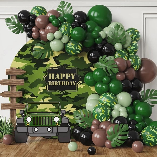 Kit de guirnalda de globos temáticos del ejército de 132 piezas, arco de globos militares, decoraciones de cumpleaños de soldados, globos de fiesta de camuflaje, decoraciones de caza