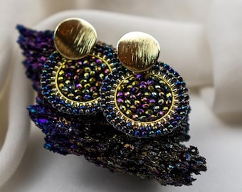 SANTAFE | Statement Ohrring aus schwarz-blauen Glasperlen, glänzende Perlen, Arelita, Geschenkidee, Ohrring schwarz gold, Boho Ohrringe