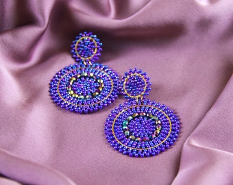 COLINA | Statement Earrings blue purple glass beads, 18k gold plated stainless steel plug