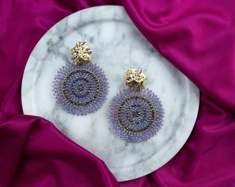 CHICHA | golden statement earrings made of colorful glass beads, boho earrings blue, round earrings pearls, pearl earrings, Arelita, stainless steel