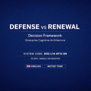 Könnte beinhalten: Dunkelblaue Grafik mit den weißen Worten "DEFENSE vs RENEWAL". Darunter steht "Decision Framework" und "Enterprise Cognitive Architecture". Der Systemcode lautet D02-L14-KF12-EN. Der Umfang ist "SINGLE KEYMASTER."