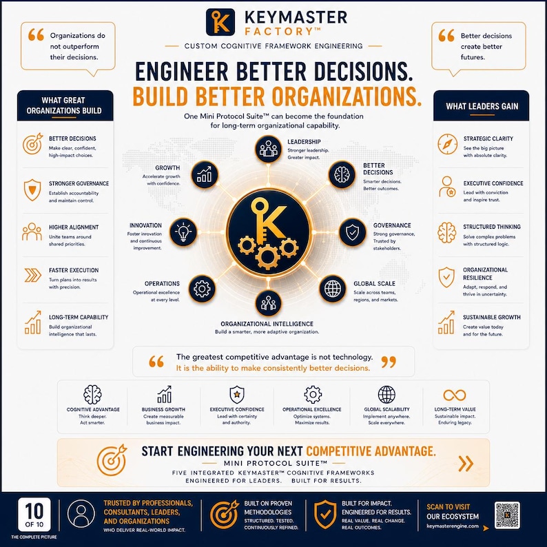 KeymasterEngine Mini Protocol Suite demonstrating how structured cognitive engineering helps organizations improve decision-making, governance, leadership, innovation, operational excellence, scalability, and sustainable business growth through five integrated executive Keymaster Frameworks.