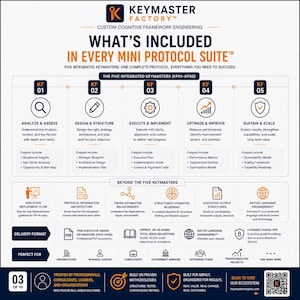 Overview of everything included in every Mini Protocol Suite. Displays five executive Keymaster Frameworks (KF01–KF05), protocol integration architecture, executive deployment flow, structured cognitive blueprint, executive PDF deliverables, native language engineering, and reusable implementation resources.