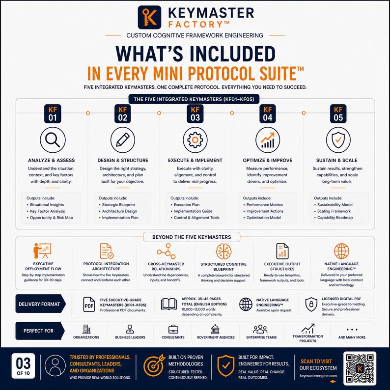 Overview of everything included in every Mini Protocol Suite. Displays five executive Keymaster Frameworks (KF01–KF05), protocol integration architecture, executive deployment flow, structured cognitive blueprint, executive PDF deliverables, native language engineering, and reusable implementation resources.