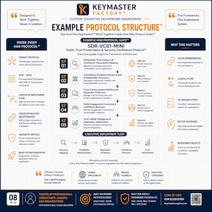 Example Mini Protocol Suite structure featuring SDR-VC01-MINI with five connected Keymaster Frameworks (KF01–KF05). Shows protocol sequence, executive deployment flow, cross-Keymaster Framework relationships, logical dependencies, and structured framework outputs designed for real-world implementation.