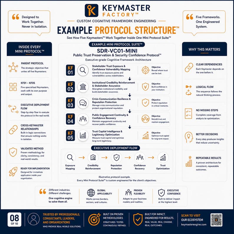 Example Mini Protocol Suite structure featuring SDR-VC01-MINI with five connected Keymaster Frameworks (KF01–KF05). Shows protocol sequence, executive deployment flow, cross-Keymaster Framework relationships, logical dependencies, and structured framework outputs designed for real-world implementation.