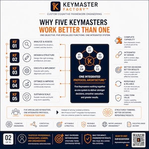 Diagram explaining why five integrated Keymaster Frameworks  work better than a single framework. Shows Analyze, Design, Execute, Optimize, and Sustain functions connected into one protocol architecture that delivers stronger decisions, repeatable execution, long-term capability, and measurable business outcomes.