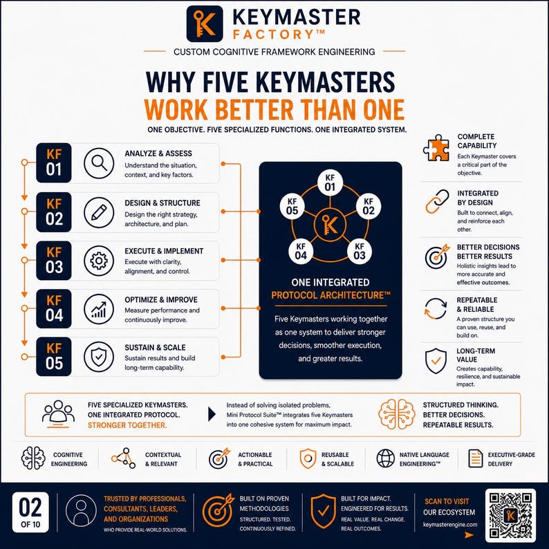 Diagram explaining why five integrated Keymaster Frameworks  work better than a single framework. Shows Analyze, Design, Execute, Optimize, and Sustain functions connected into one protocol architecture that delivers stronger decisions, repeatable execution, long-term capability, and measurable business outcomes.