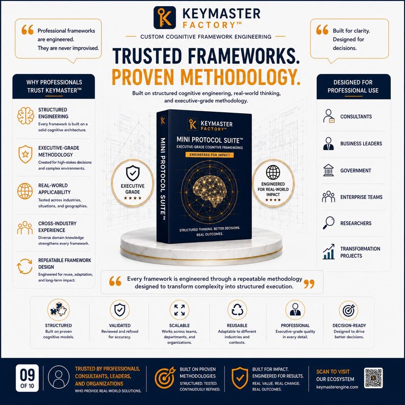 Professional Mini Protocol Suite presentation highlighting structured cognitive engineering, executive-grade methodology, repeatable framework design, validated processes, scalability, and real-world applicability. Built for consultants, business leaders, government organizations, enterprise teams, and researchers.