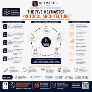Five Keymaster Frameworks Protocol Architecture illustrating how Analyze, Design, Execute, Optimize, and Sustain operate as one integrated cognitive system. Demonstrates continuous value creation, structured decision-making, reusable architecture, executive deployment, and scalable business capability.