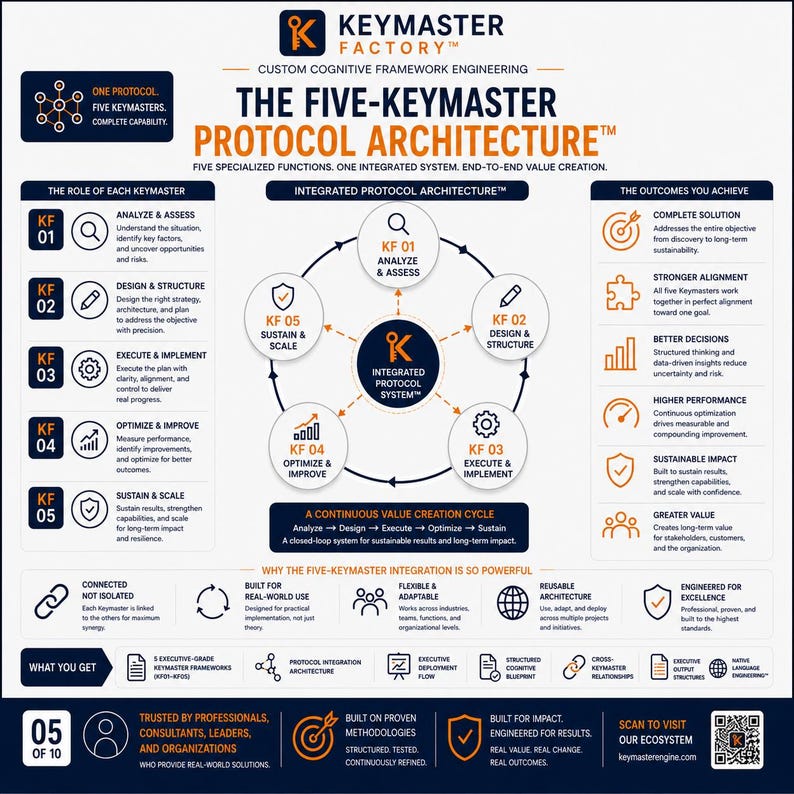 Five Keymaster Frameworks Protocol Architecture illustrating how Analyze, Design, Execute, Optimize, and Sustain operate as one integrated cognitive system. Demonstrates continuous value creation, structured decision-making, reusable architecture, executive deployment, and scalable business capability.