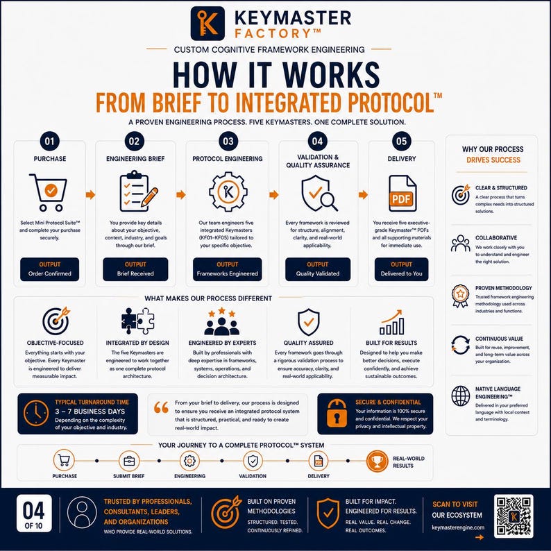 KeymasterEngine engineering workflow illustrating the complete Mini Protocol Suite process from purchase and engineering brief through protocol development, quality validation, and executive PDF delivery. Shows structured methodology, confidentiality, and typical turnaround of three to seven business days.