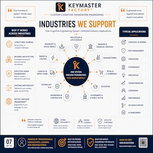 Industries supported by KeymasterEngine including healthcare, finance, manufacturing, government, education, technology, logistics, retail, energy, nonprofit, and engineering. Demonstrates one cognitive engineering system adaptable across strategic planning, governance, operations, innovation, and organizational transformation.