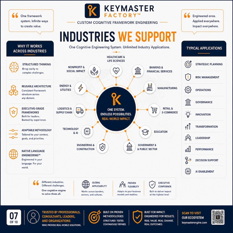 Industries supported by KeymasterEngine including healthcare, finance, manufacturing, government, education, technology, logistics, retail, energy, nonprofit, and engineering. Demonstrates one cognitive engineering system adaptable across strategic planning, governance, operations, innovation, and organizational transformation.