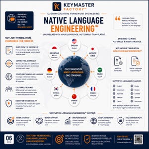 Native Language Engineering overview showing Keymaster Frameworks cognitive frameworks engineered directly for English, Indonesian, Japanese, Chinese, German, French, Arabic, Korean, and other languages. Highlights contextual accuracy, cultural adaptation, executive-quality terminology, and multilingual framework delivery.