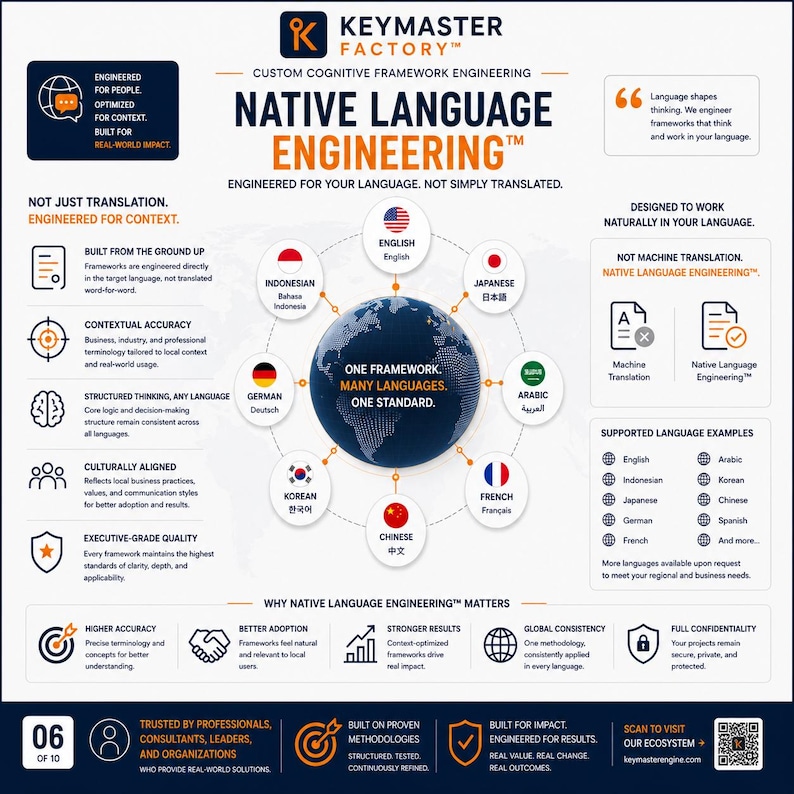 Native Language Engineering overview showing Keymaster Frameworks cognitive frameworks engineered directly for English, Indonesian, Japanese, Chinese, German, French, Arabic, Korean, and other languages. Highlights contextual accuracy, cultural adaptation, executive-quality terminology, and multilingual framework delivery.