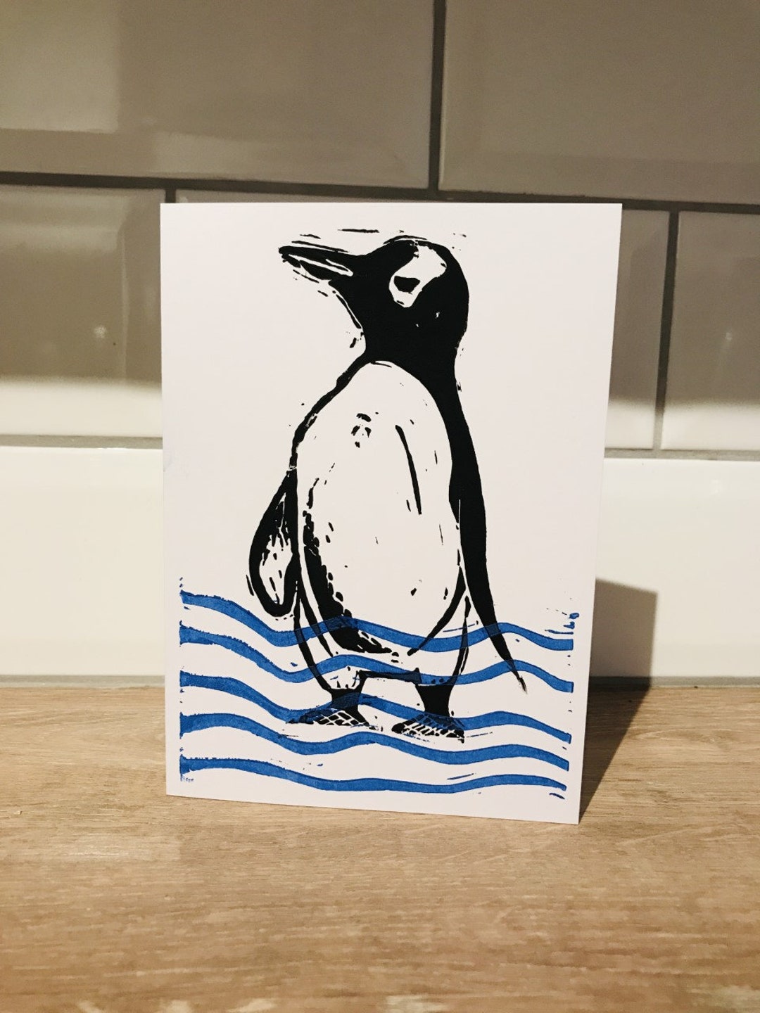 Penguin Greeting Card Lino Print Set of 4 Etsy