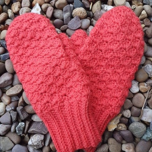 May include: A pair of crocheted mittens in a bright coral color. The mittens have a textured stitch pattern and are made with a soft yarn.