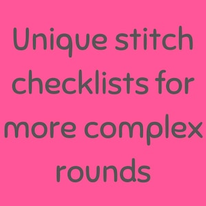 Op de afbeelding: Tekst op een roze achtergrond die "Unieke steek checklists voor complexere rondes" luidt.