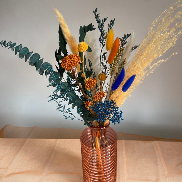 GEORGINA: Orange, blue, green pampas dried flowers bouquet. Centre piece tablescapes for farmhouse, Witches, Fairy, Cottage