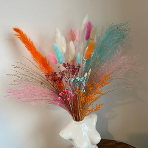 MIA | Orange, sky blue, pink pampas dried flowers bouquet. Rainbow Pastel room decor Bright colourful home. Colourful pampas Easter