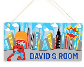 Personalisierte Superheld Kinder Türschild: Holz Schlafzimmer Dekor